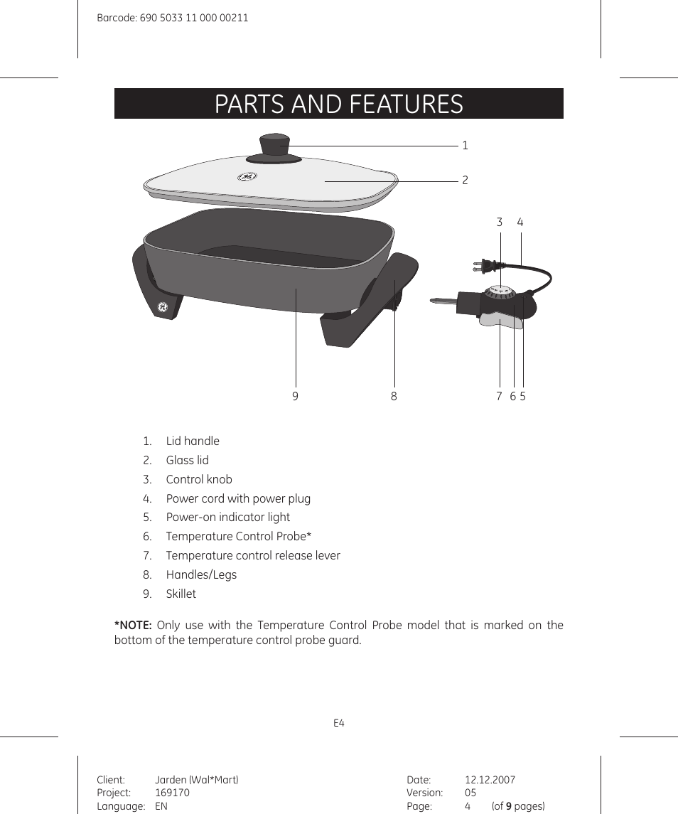 Parts and features | GE 169122 User Manual | Page 4 / 9