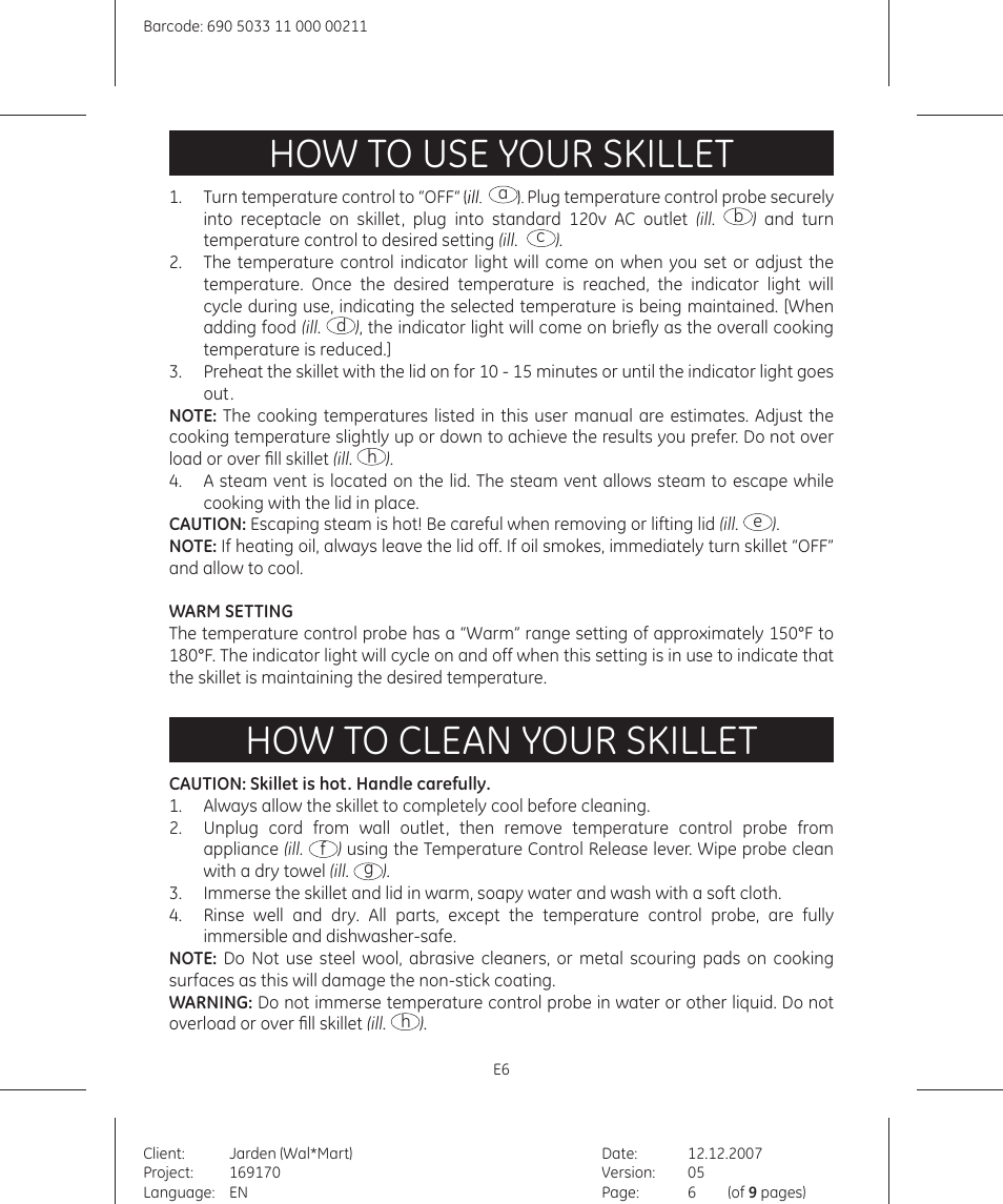 How to use your skillet, How to clean your skillet | GE 169122 User Manual | Page 6 / 9