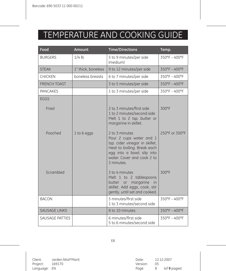 Temperature and cooking guide | GE 169122 User Manual | Page 8 / 9