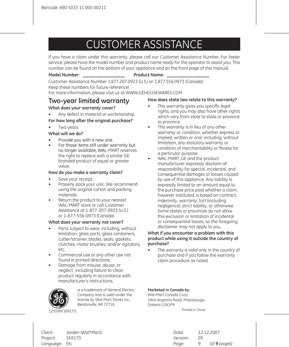 Customer assistance, Two-year limited warranty | GE 169122 User Manual | Page 9 / 9