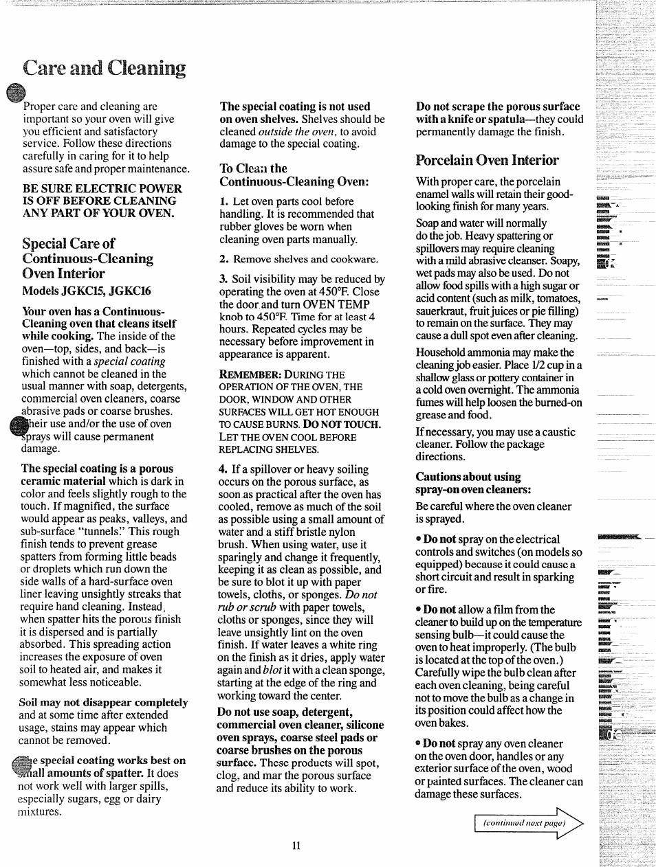 Care and cleaning, Porcelain oven interior, Ciire uiiu cleaning sre | GE JGKC16GEH User Manual | Page 11 / 16