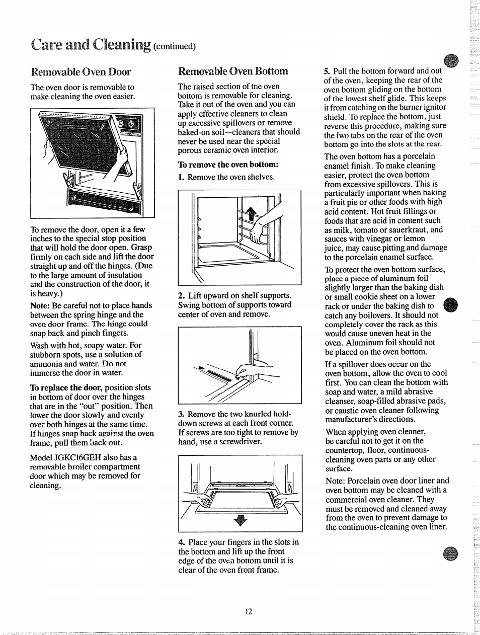Care and cleaning, Removable oven door, Removable oven bottom | GE JGKC16GEH User Manual | Page 12 / 16
