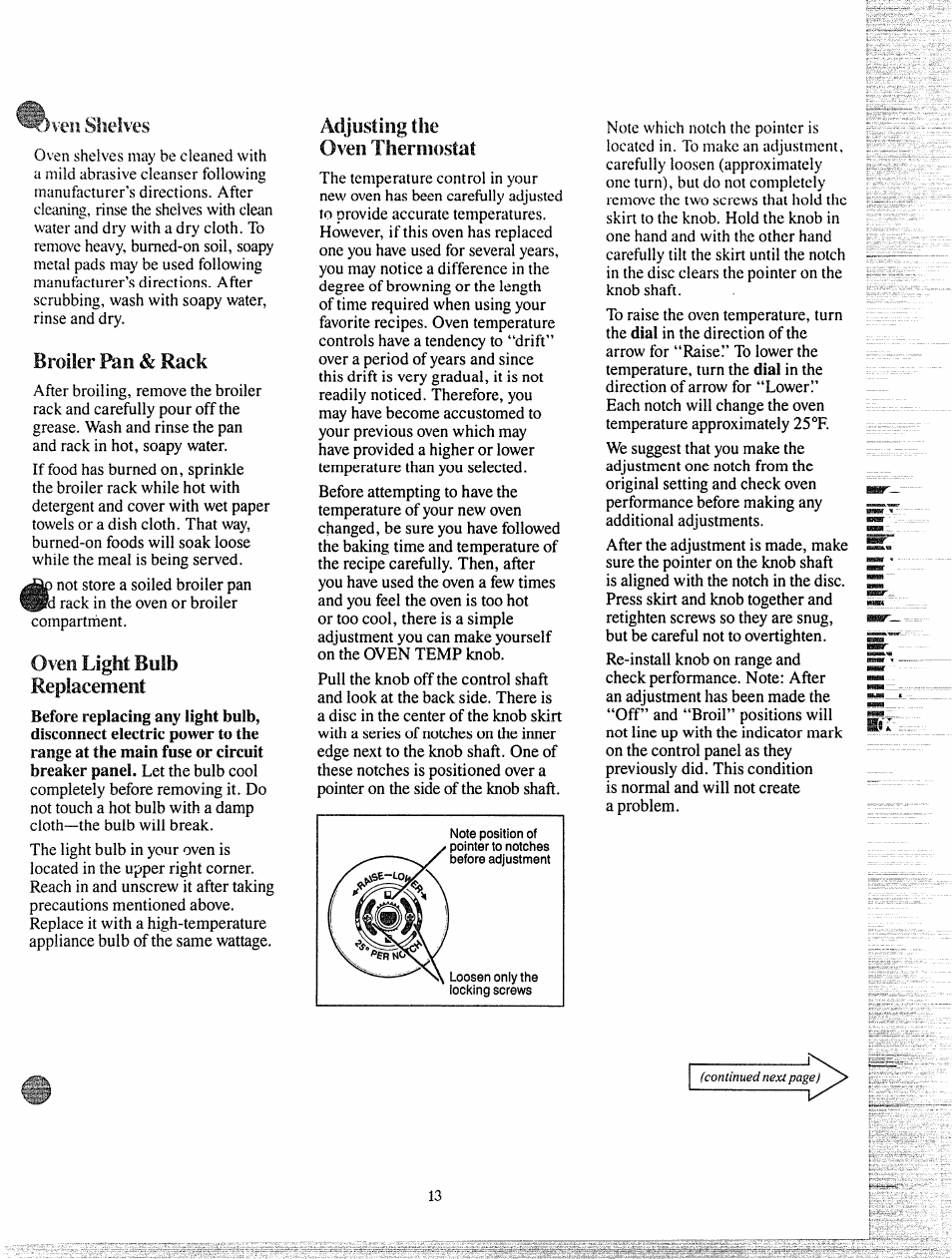 K'eii shelves, Broiler pan & rack, Oven light bulb replacement | Adjusting the oven therniostai | GE JGKC16GEH User Manual | Page 13 / 16