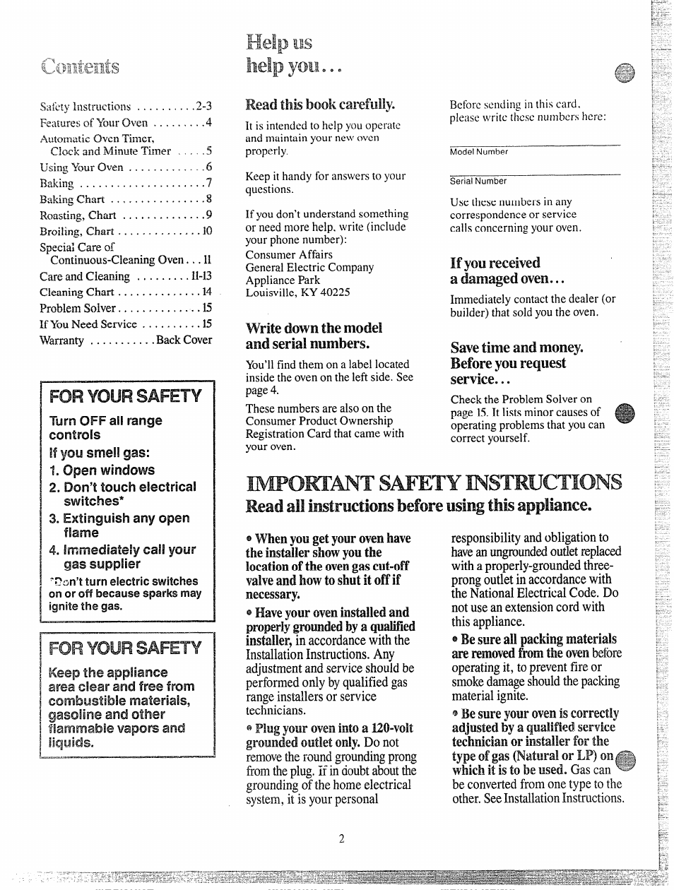 Ii ii, Tents, Help us help you | Impoktant safety instructions, For your safety, Read this book carefully | GE JGKC16GEH User Manual | Page 2 / 16