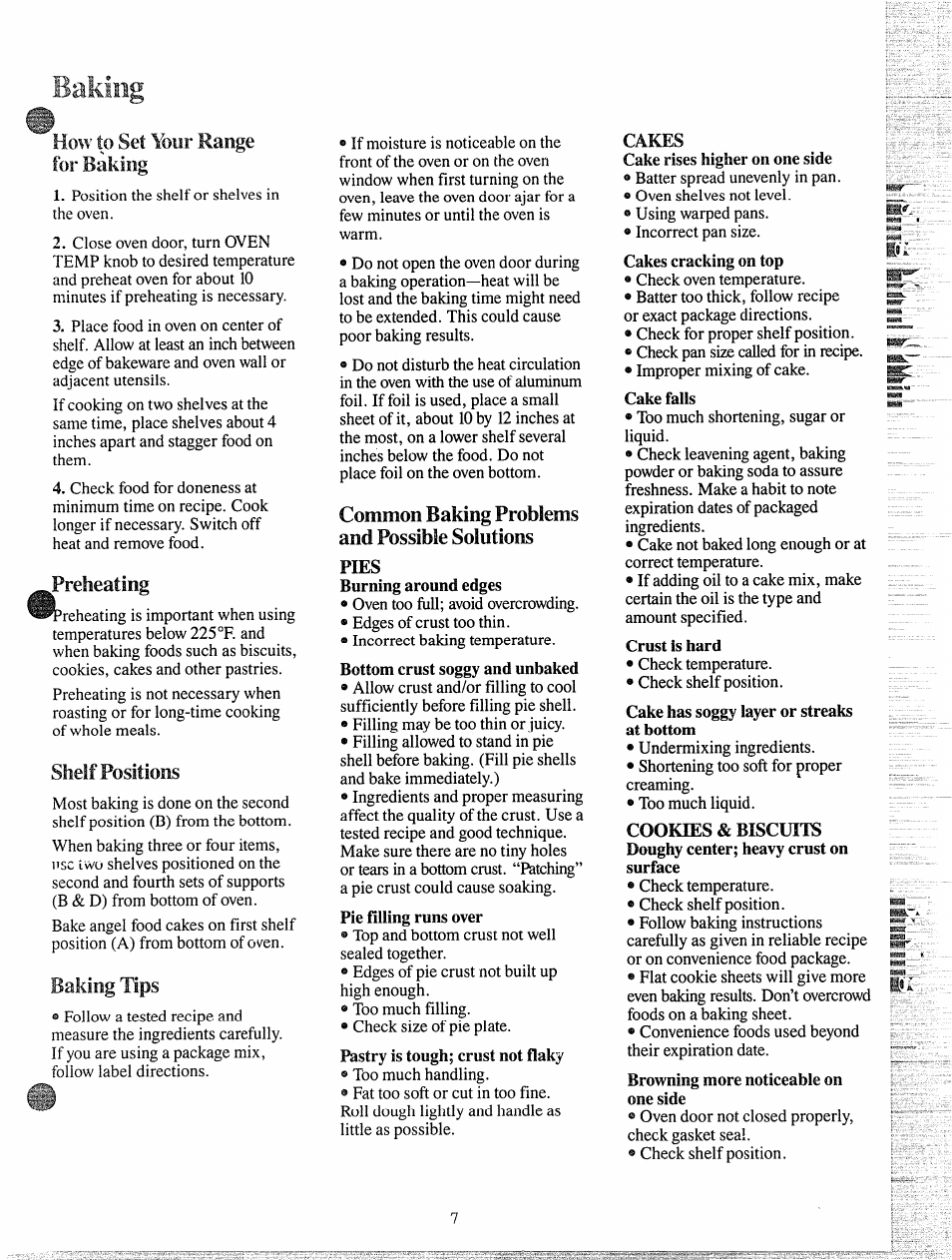 Baking, How to set your range for baking, Jveheating | Shelf positions, Baking tips, Common baking problems and possible solutions | GE JGKC16GEH User Manual | Page 7 / 16
