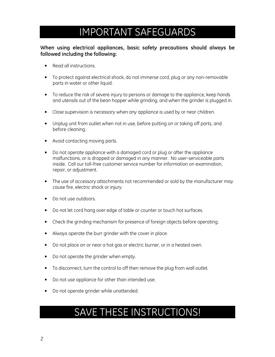 Important safeguards, Save these instructions | GE 681131691321 User Manual | Page 2 / 8