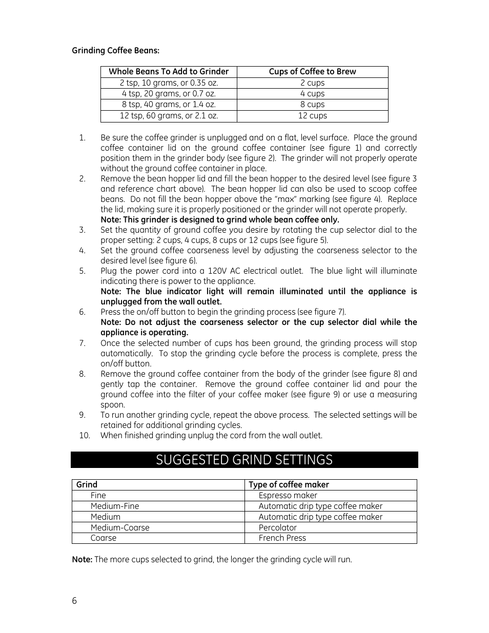 Suggested grind settings | GE 681131691321 User Manual | Page 6 / 8