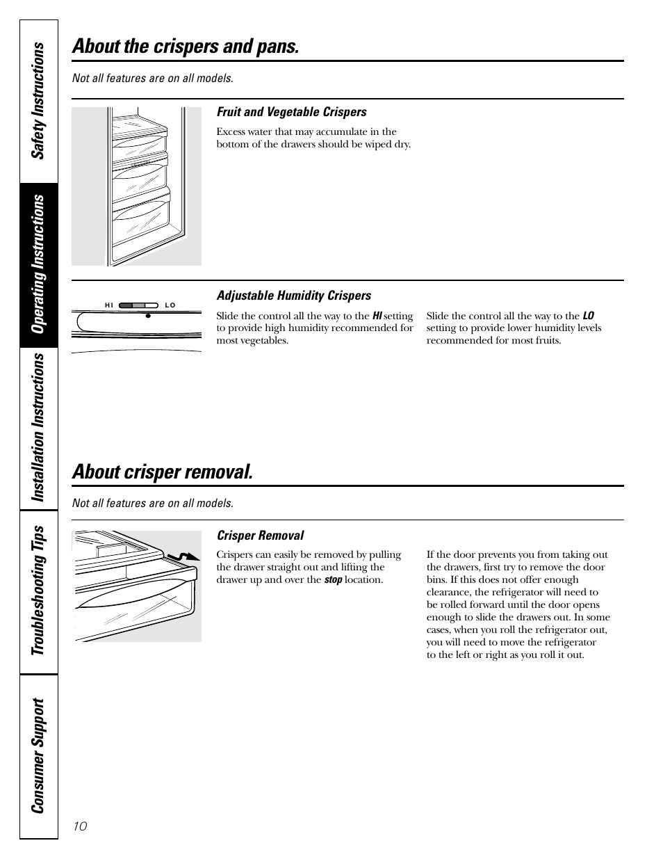 Crispers and pans, About crisper removal, About the crispers and pans | GE 200D26000P022 User Manual | Page 10 / 40