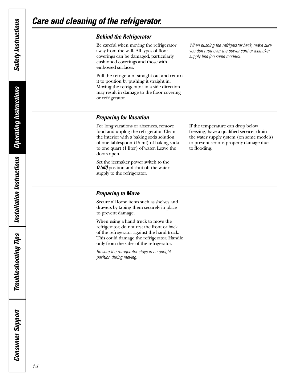 Care and cleaning of the refrigerator | GE 200D26000P022 User Manual | Page 14 / 40