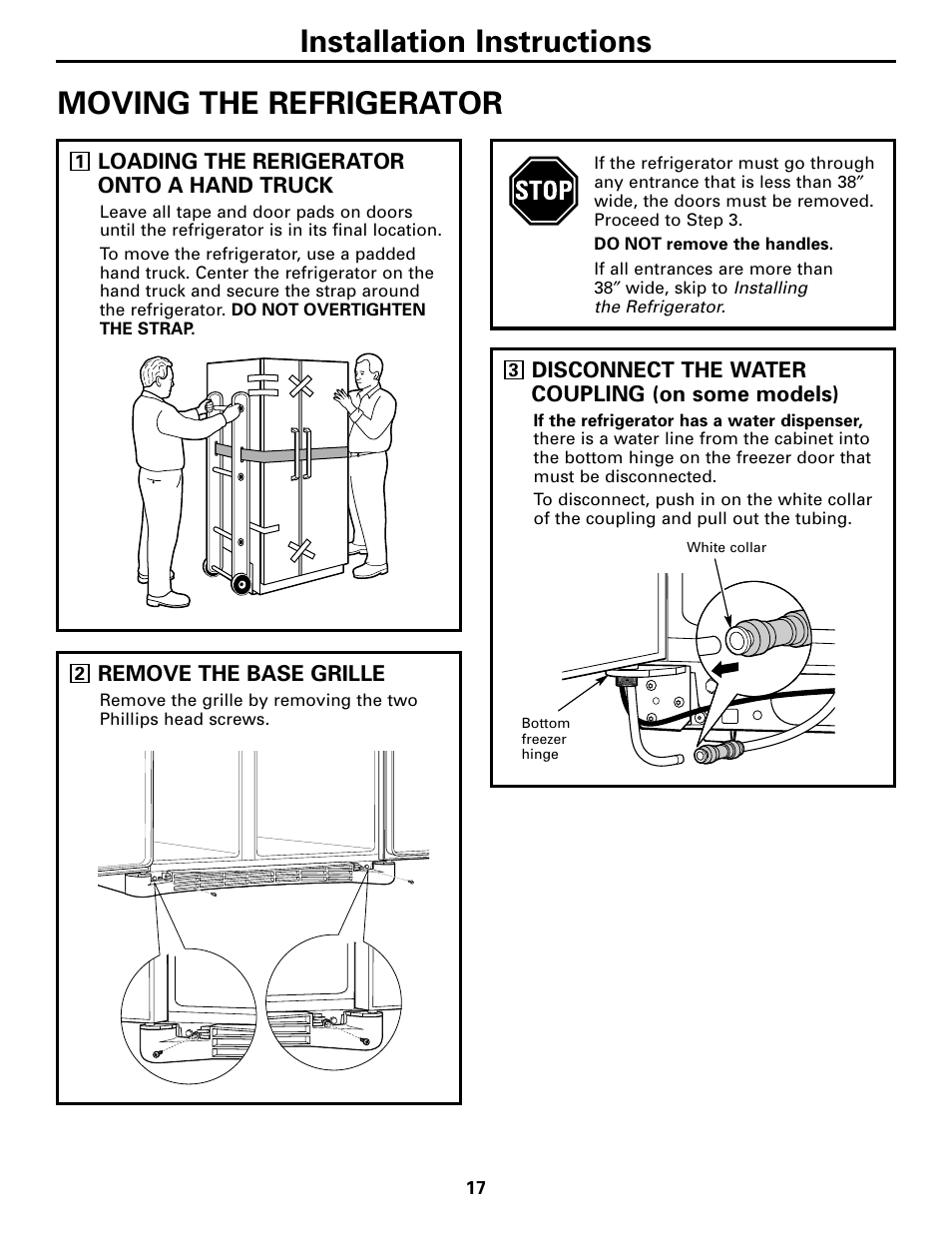 Moving the refrigerator, Moving the refrigerator –20, Installation instructions | GE 200D26000P022 User Manual | Page 17 / 40