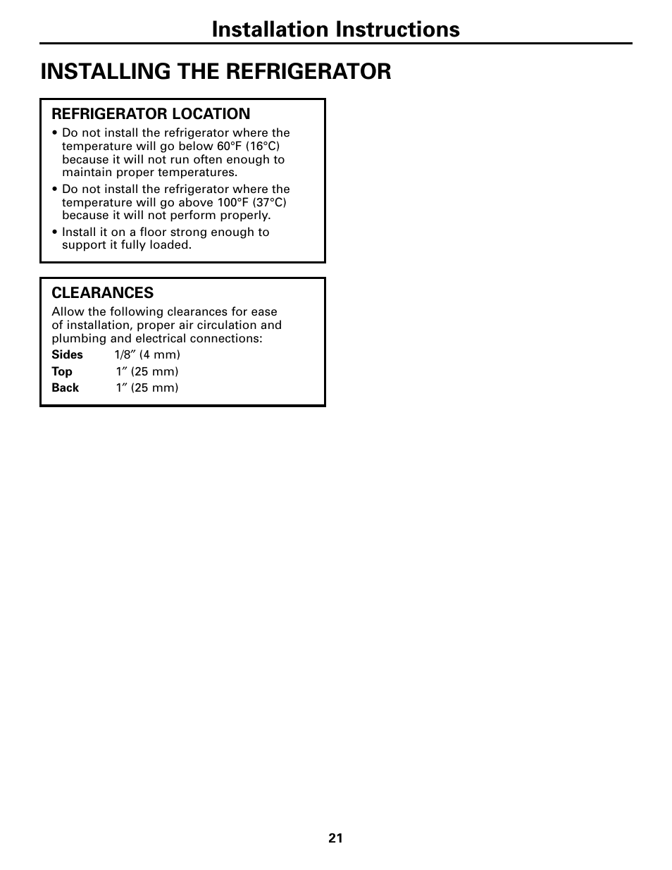 Installing the refrigerator, Installing the refrigerator –24 | GE 200D26000P022 User Manual | Page 21 / 40