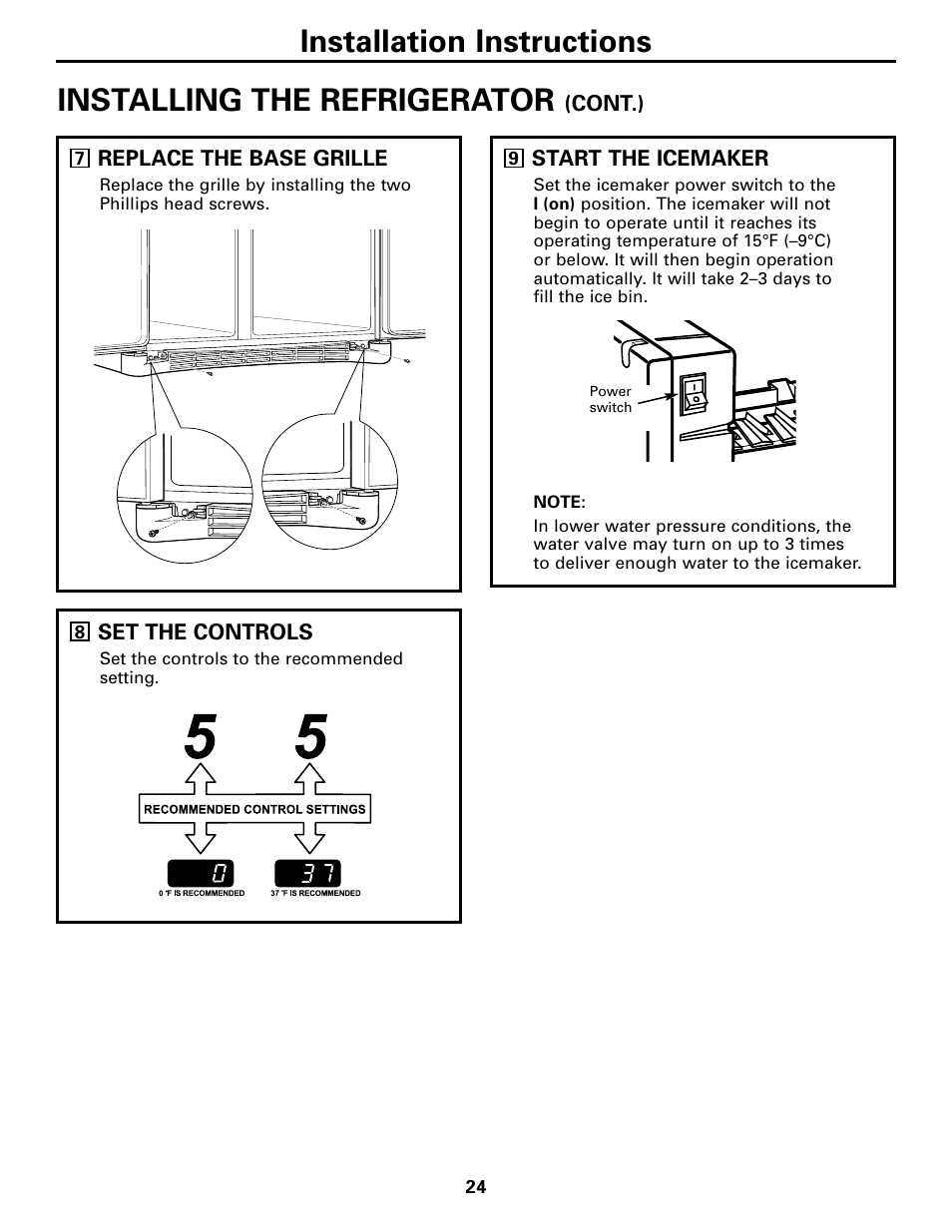 Installation instructions, Installing the refrigerator | GE 200D26000P022 User Manual | Page 24 / 40