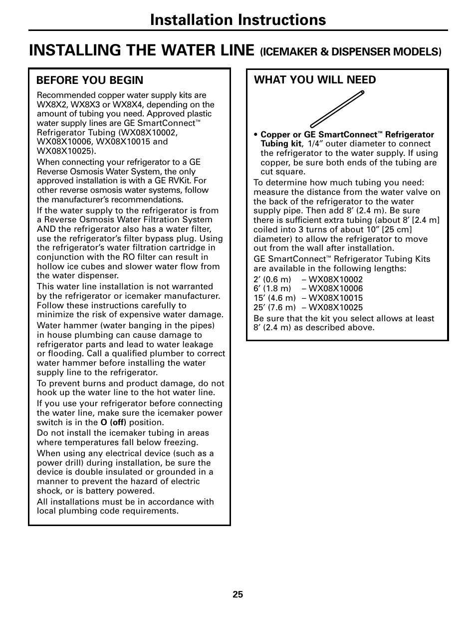 Water line installation, Water line installation –27, Installing the water line | Installation instructions | GE 200D26000P022 User Manual | Page 25 / 40