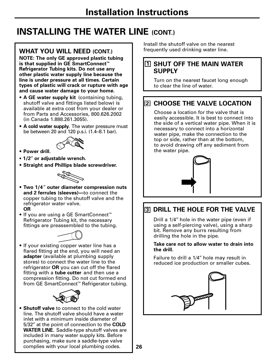 Installation instructions, Installing the water line | GE 200D26000P022 User Manual | Page 26 / 40