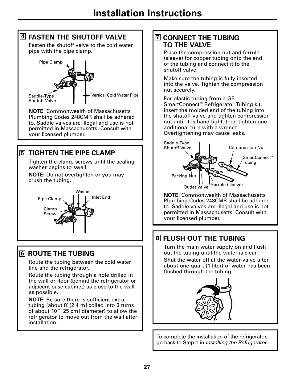 Installation instructions, Connect the tubing to the valve, Flush out the tubing | Fasten the shutoff valve, Tighten the pipe clamp, Route the tubing | GE 200D26000P022 User Manual | Page 27 / 40