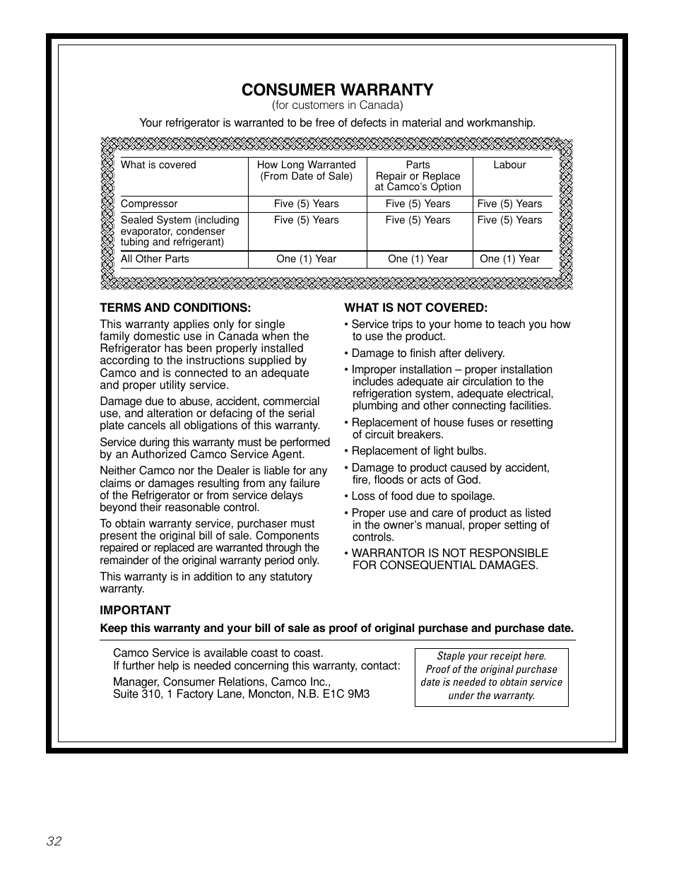 Warranty (canadian), Consumer warranty | GE 200D26000P022 User Manual | Page 32 / 40