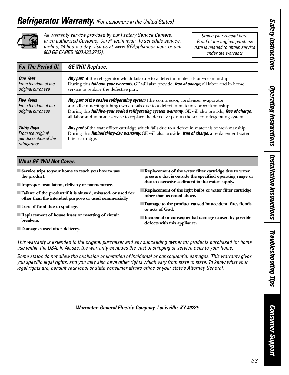 Warranty (u.s.), Refrigerator warranty | GE 200D26000P022 User Manual | Page 33 / 40