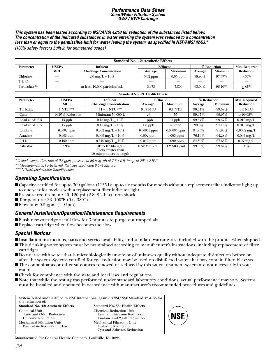Performance data sheet, Operating specifications, Special notices | GE 200D26000P022 User Manual | Page 34 / 40