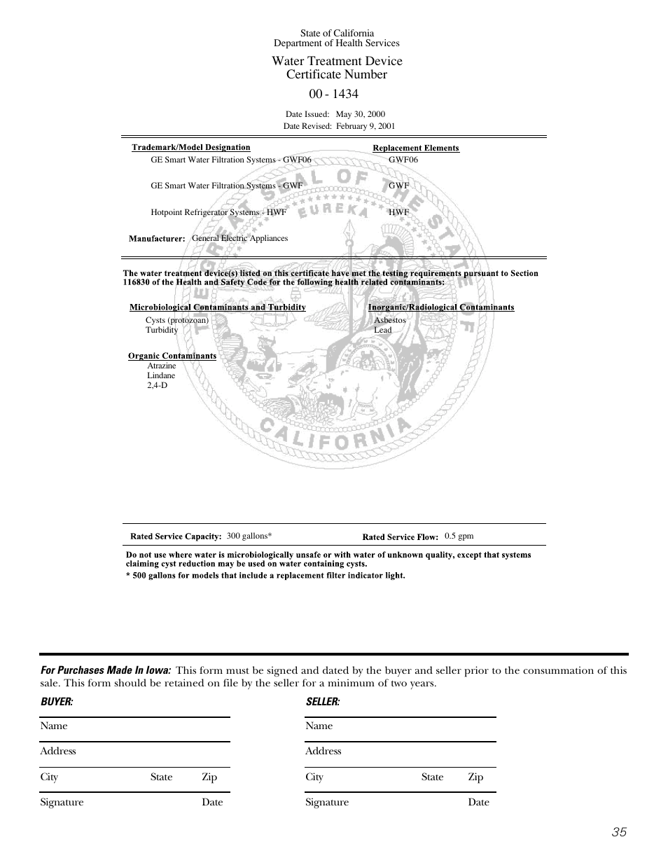 Water treatment device certificate number | GE 200D26000P022 User Manual | Page 35 / 40