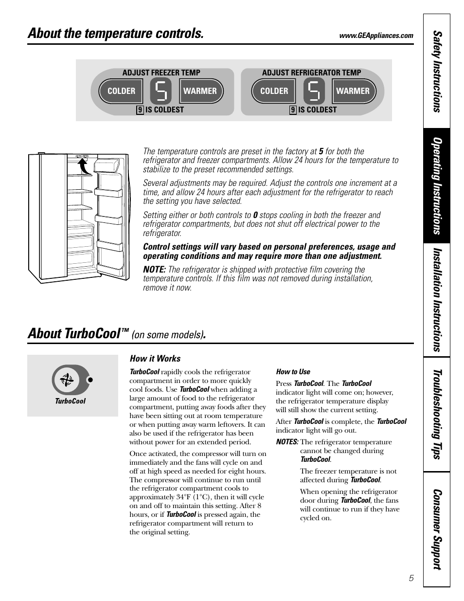 Temperature controls, Turbocool, Temperature controls turbocool | About the temperature controls, About turbocool | GE 200D26000P022 User Manual | Page 5 / 40