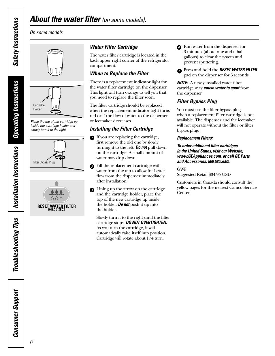 Water filter, About the water filter | GE 200D26000P022 User Manual | Page 6 / 40