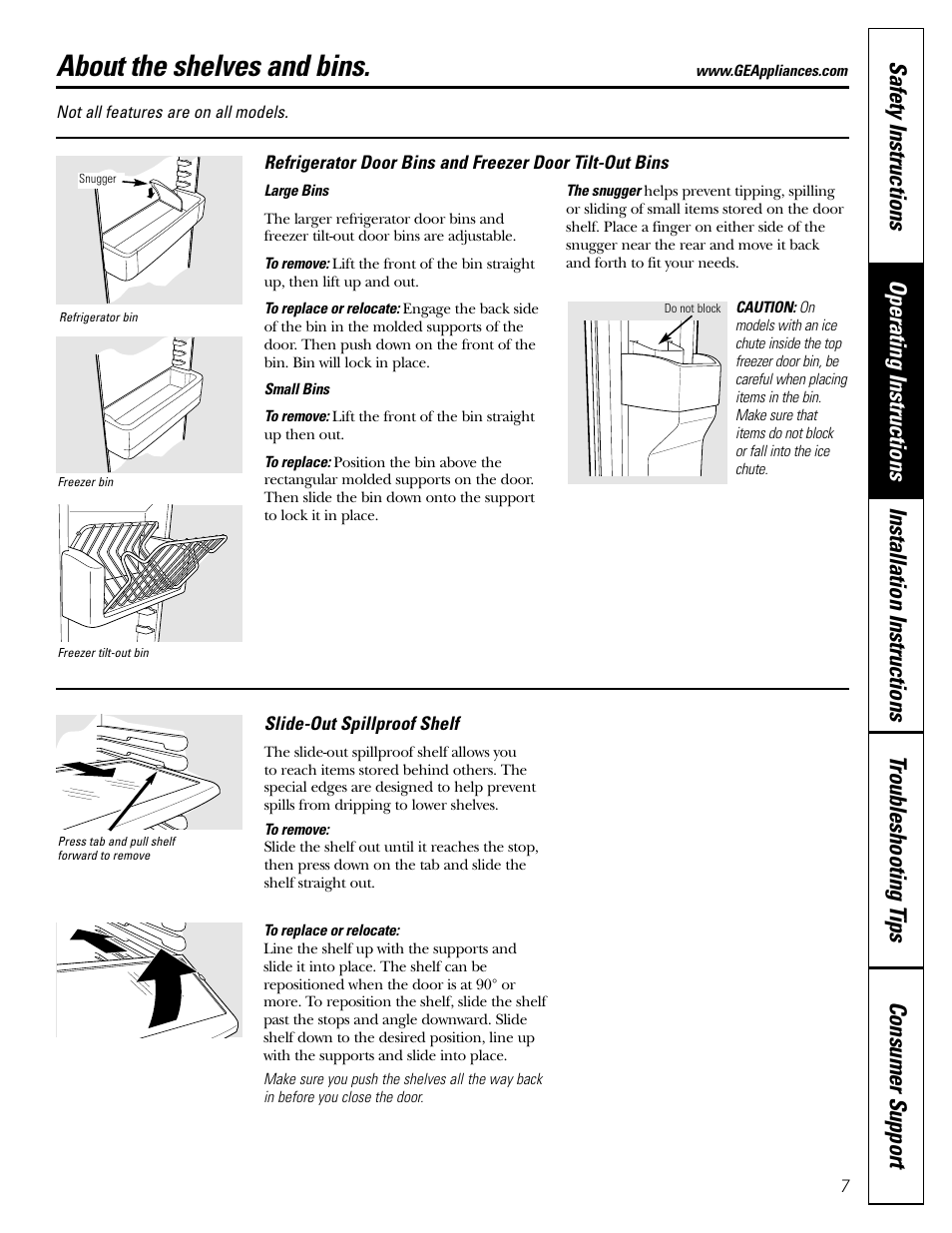 Shelves and bins, Shelves and bins , 8, About the shelves and bins | GE 200D26000P022 User Manual | Page 7 / 40