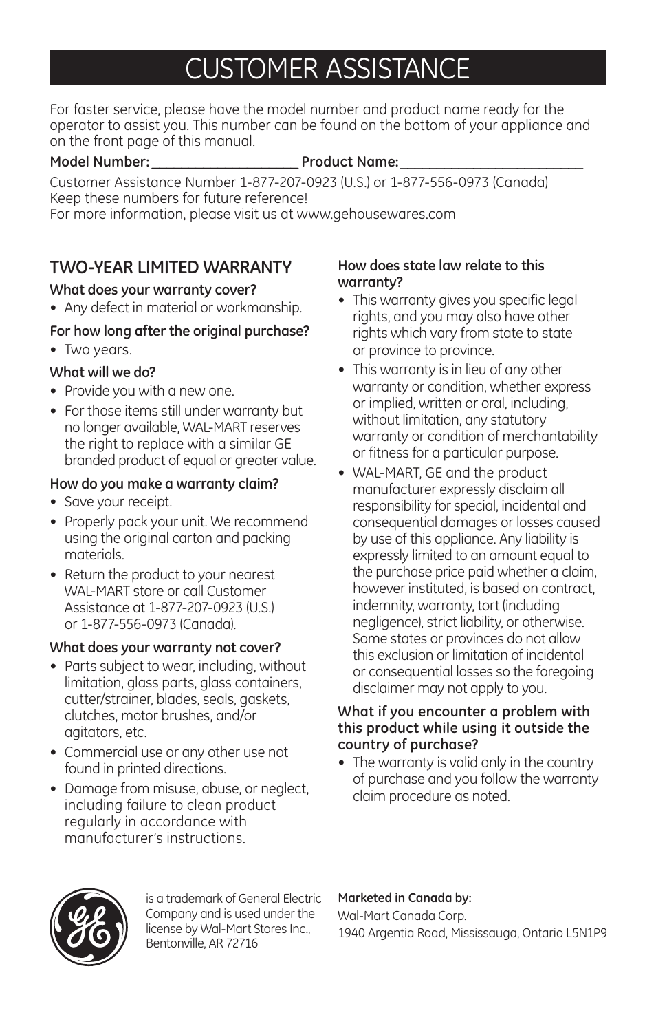 Customer assistance, Two-year limited warranty | GE 681131690966 User Manual | Page 10 / 10