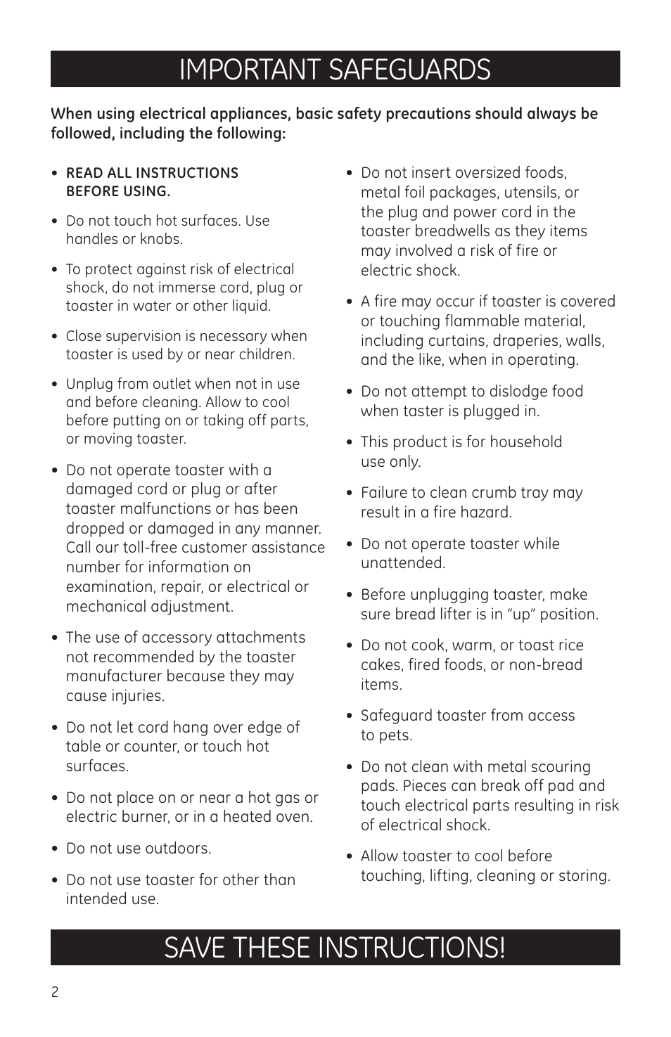 Important safeguards, Save these instructions | GE 681131690966 User Manual | Page 2 / 10