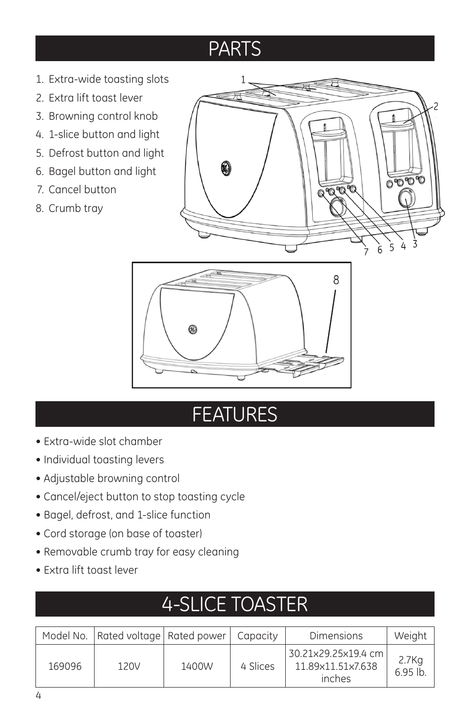 Parts, Features, Slice toaster | GE 681131690966 User Manual | Page 4 / 10