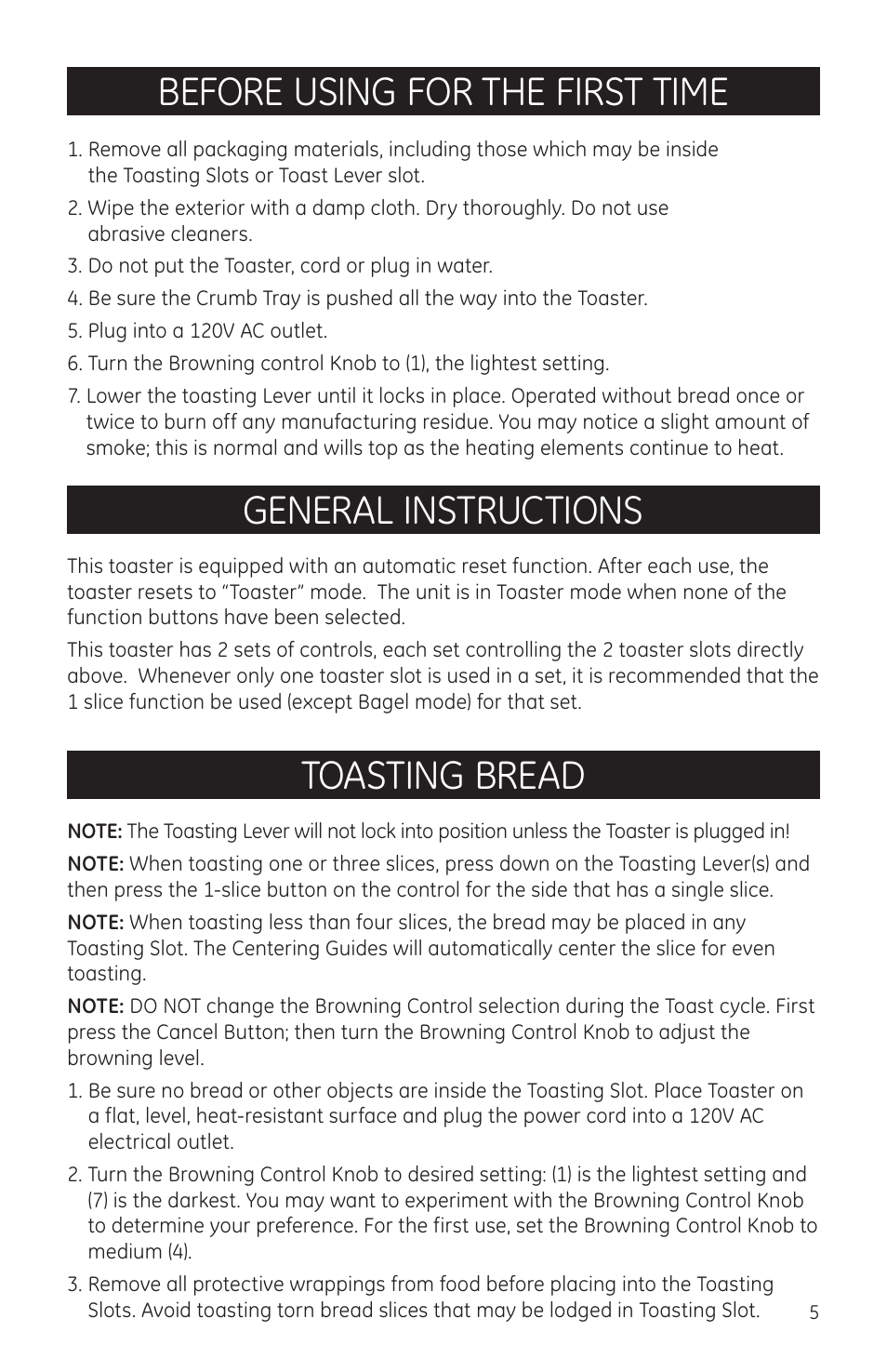 Before using for the first time, General instructions, Toasting bread | GE 681131690966 User Manual | Page 5 / 10