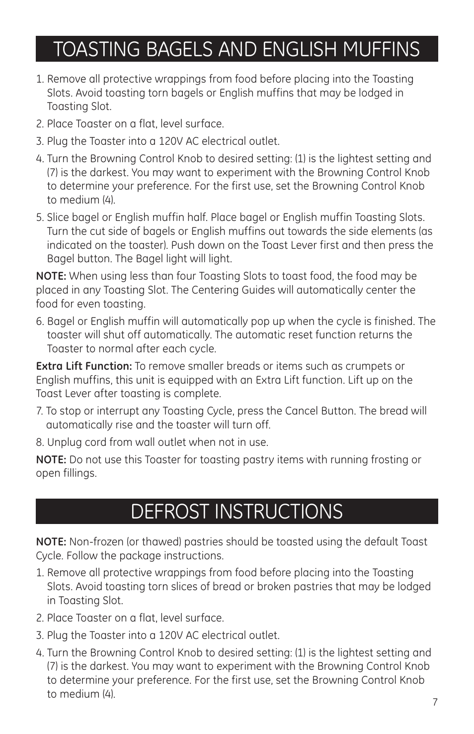 Toasting bagels and english muffins, Defrost instructions | GE 681131690966 User Manual | Page 7 / 10