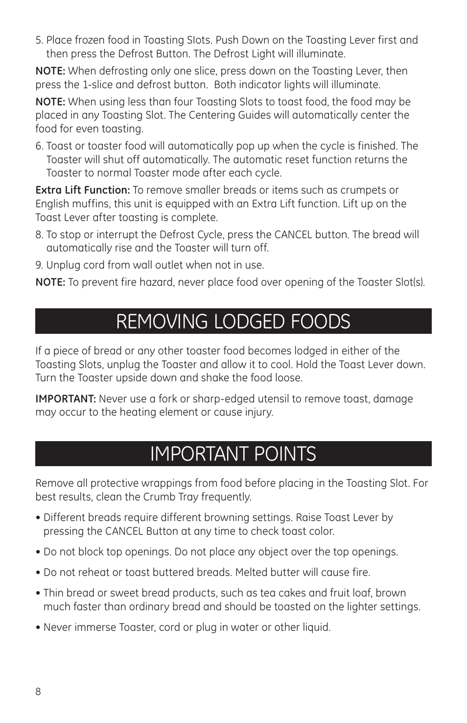 Removing lodged foods, Important points | GE 681131690966 User Manual | Page 8 / 10