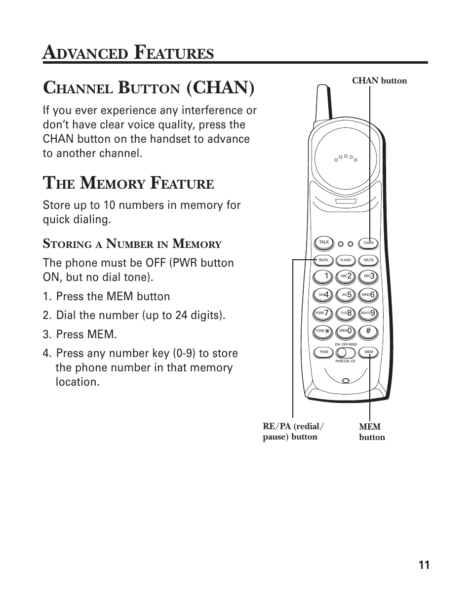 Changing a stored number, Storing a redial number, Storing a pause in memory | Chan), Dvanced, Eatures, Hannel, Utton, Emory, Eature | GE 21-Feb User Manual | Page 11 / 24