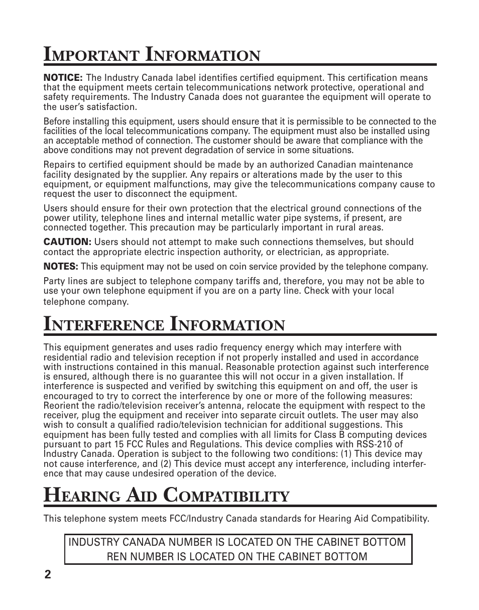 Interference information, Hearing aid compatibility | GE 21-Feb User Manual | Page 2 / 24