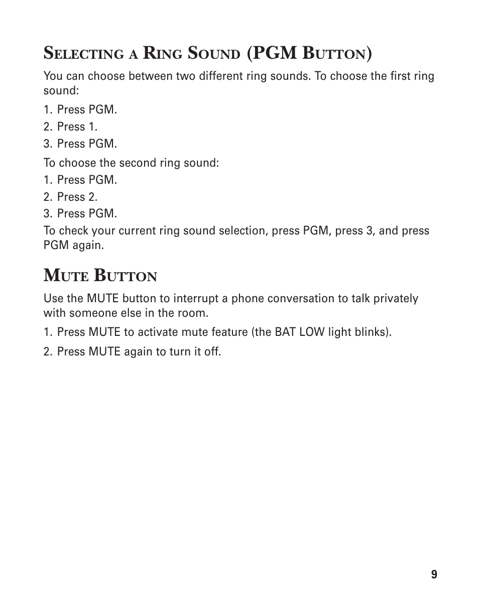 Selecting a ring sound (pgm button), Mute button, Temporary tone | Pgm b | GE 21-Feb User Manual | Page 9 / 24