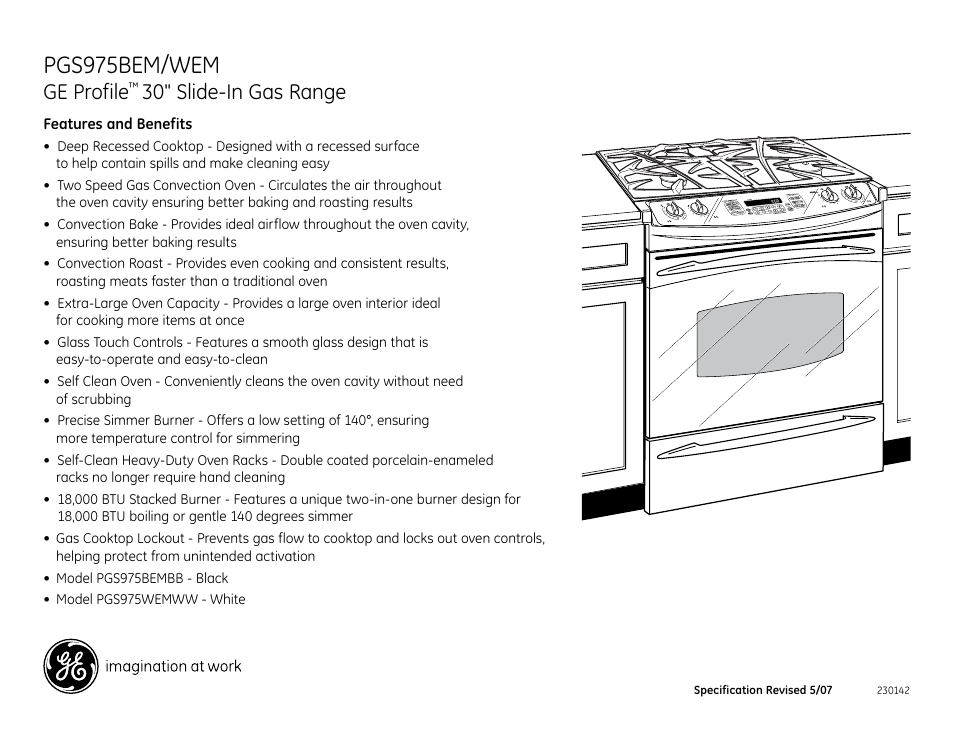 Pgs975bem/wem, Ge profile, 30" slide-in gas range | GE PGS975BEM User Manual | Page 2 / 2