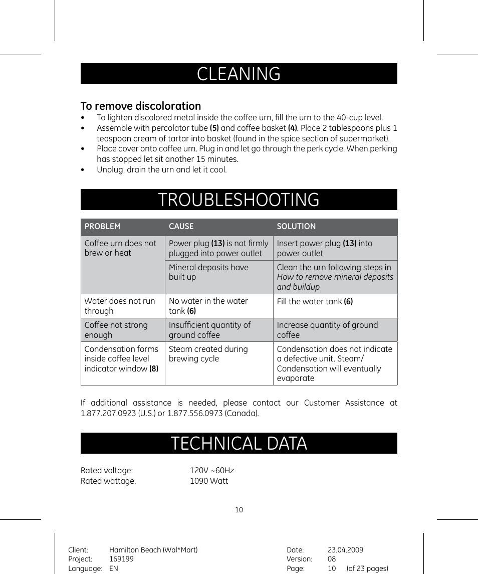Cleaning, Troubleshooting, Technical data | GE 169199 User Manual | Page 10 / 11