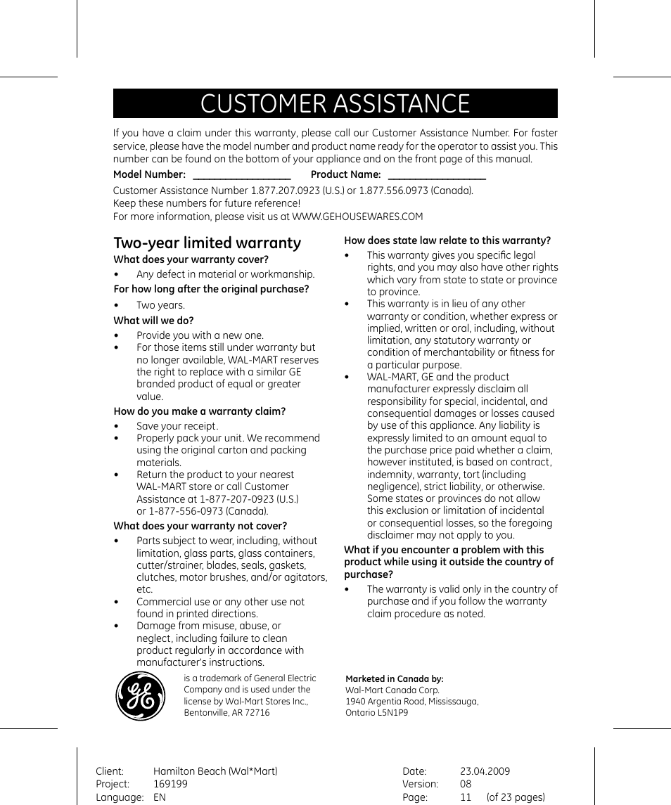 Customer assistance, Two-year limited warranty | GE 169199 User Manual | Page 11 / 11