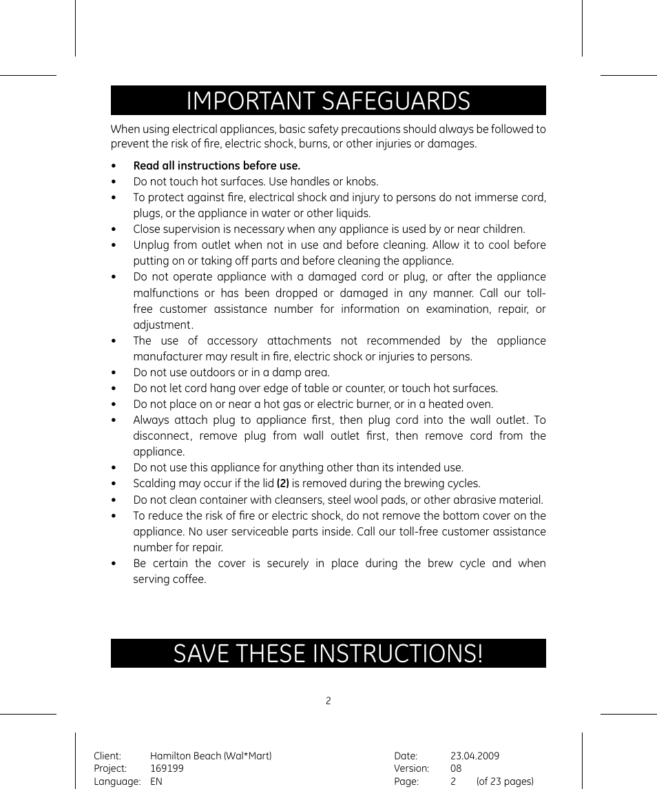 Important safeguards, Save these instructions | GE 169199 User Manual | Page 2 / 11