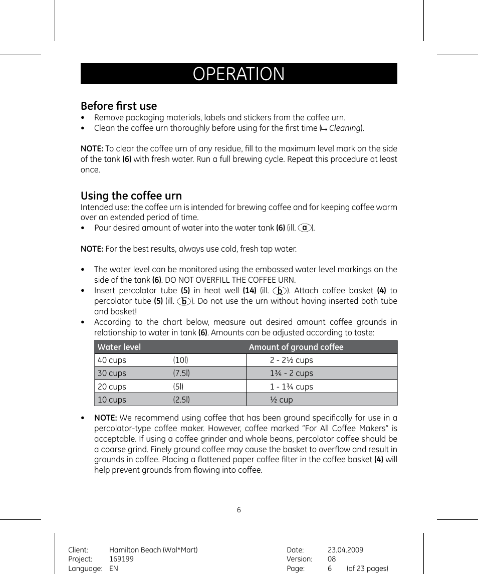 Operation, Before first use, Using the coffee urn | GE 169199 User Manual | Page 6 / 11