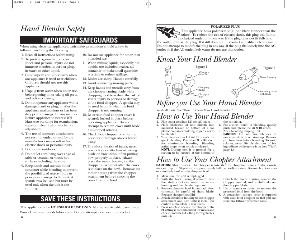 Hand blender safety, Know your hand blender, Important safeguards save these instructions | GE 681131690270 User Manual | Page 2 / 12