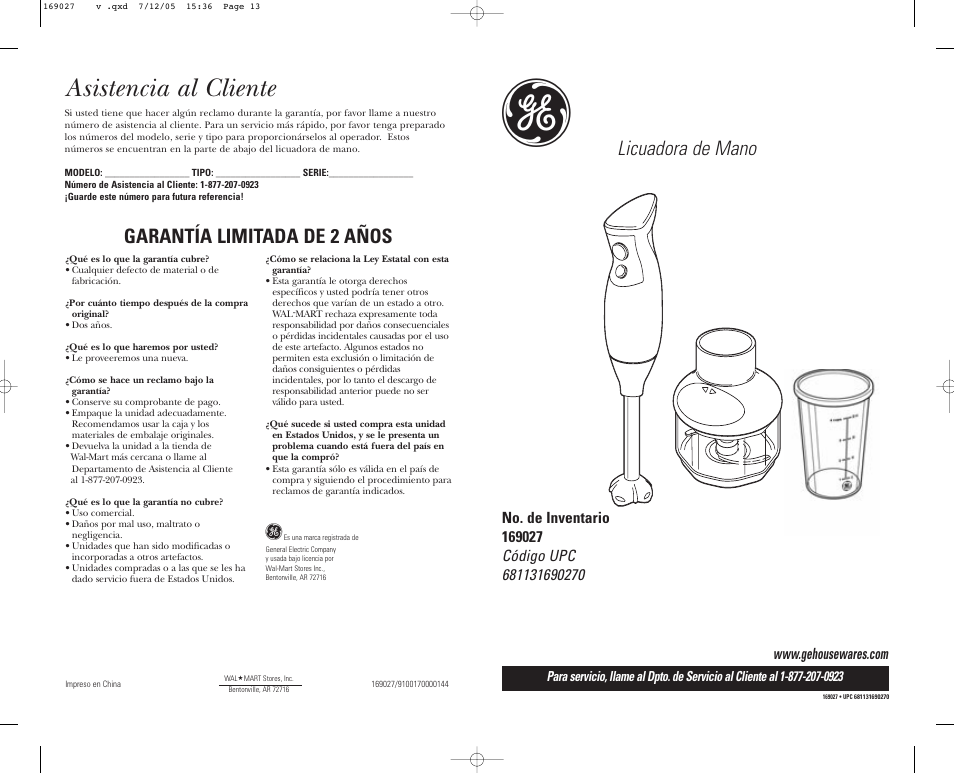 Asistencia al cliente, Garantía limitada de 2 años, Licuadora de mano | GE 681131690270 User Manual | Page 7 / 12