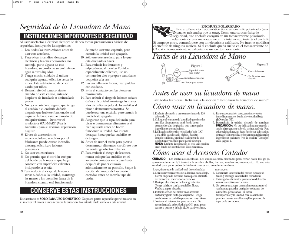 Seguridad de la licuadora de mano, Antes de usar su licuadora de mano, Conserve estas instrucciones | Instrucciones importantes de seguridad | GE 681131690270 User Manual | Page 8 / 12