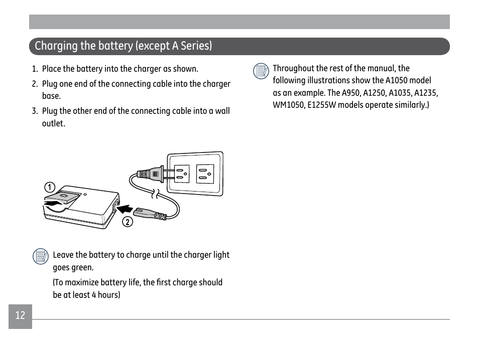 Charging the battery (except a series) | GE A1250 User Manual | Page 16 / 106