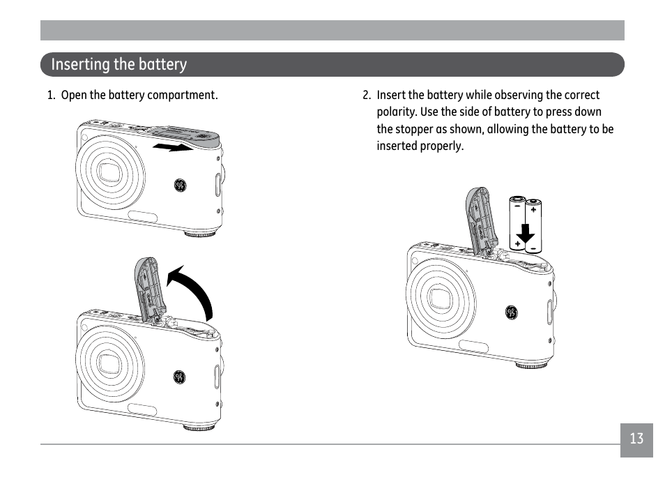 Inserting the battery | GE A1250 User Manual | Page 17 / 106