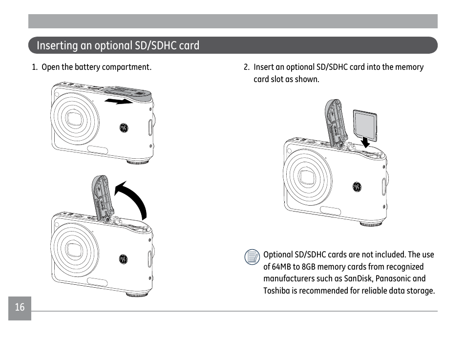 Inserting an optional sd/sdhc card | GE A1250 User Manual | Page 20 / 106