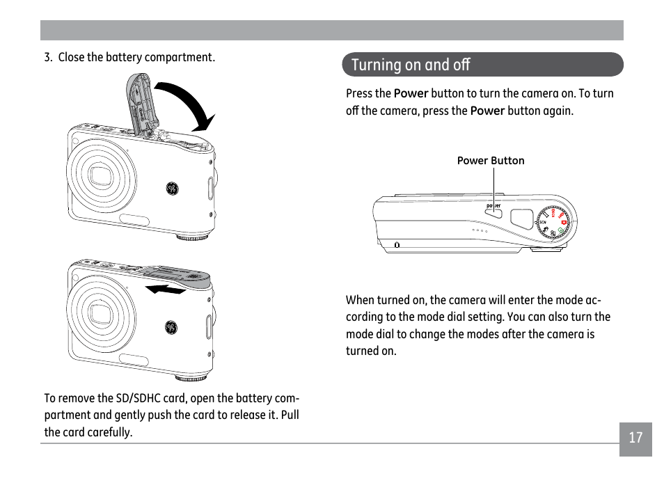 Turning on and off | GE A1250 User Manual | Page 21 / 106