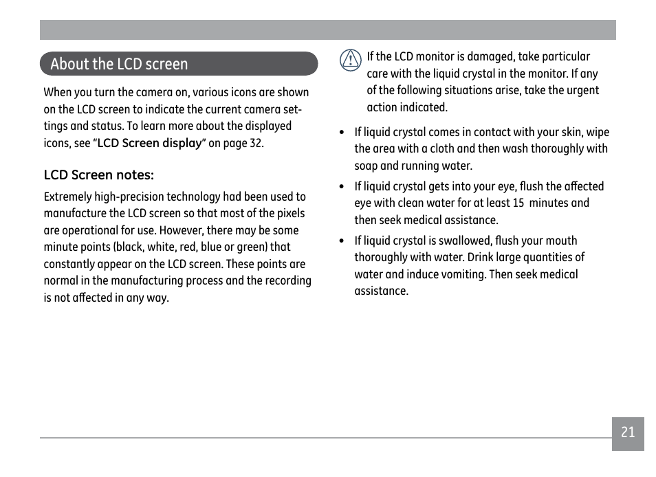 About the lcd screen | GE A1250 User Manual | Page 25 / 106