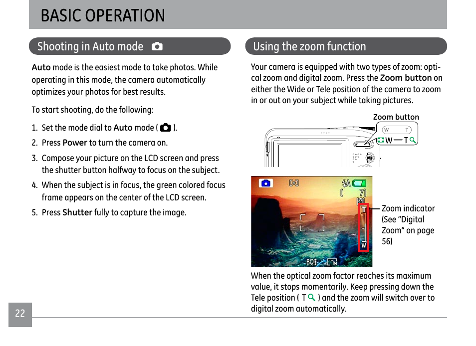 Basic operation, Shooting in auto mode, Using the zoom function | GE A1250 User Manual | Page 26 / 106
