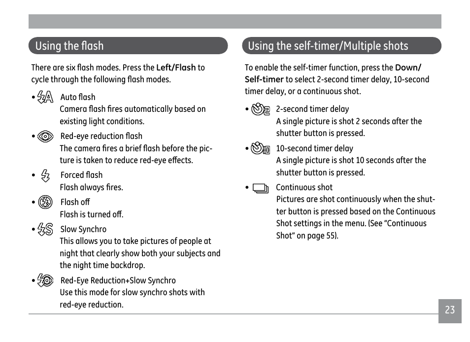 Using the flash, Using the self-timer/multiple shots | GE A1250 User Manual | Page 27 / 106